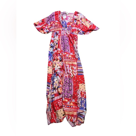 🌺Oddi Boho Floral Maxi Dress Colorful V-Neck Short Sleeve NWT Size L🌺 - Picture 2 of 4